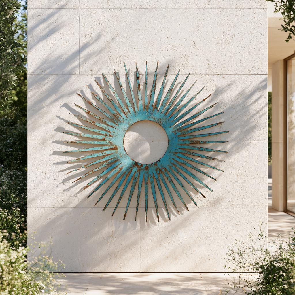 UV Printed Aluminum Sunburst Wall Art, Turquoise Copper Sun Decor (Outdoor Patio)