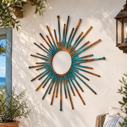 UV Printed Aluminum Sunburst Wall Art, Turquoise Copper Sun Decor (Outdoor Patio)