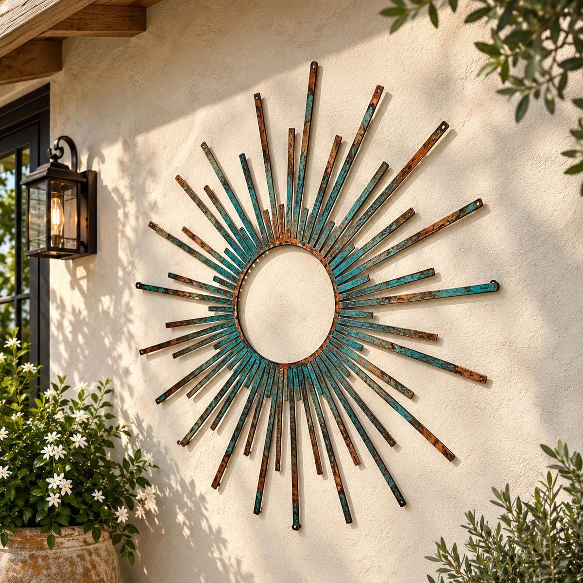 UV Printed Aluminum Sunburst Wall Art, Turquoise Copper Sun Decor (Outdoor Patio)