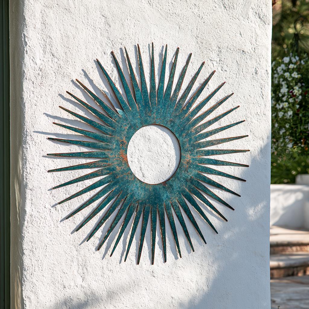 UV Printed Aluminum Sunburst Wall Art, Turquoise Copper Sun Decor (Outdoor Patio)