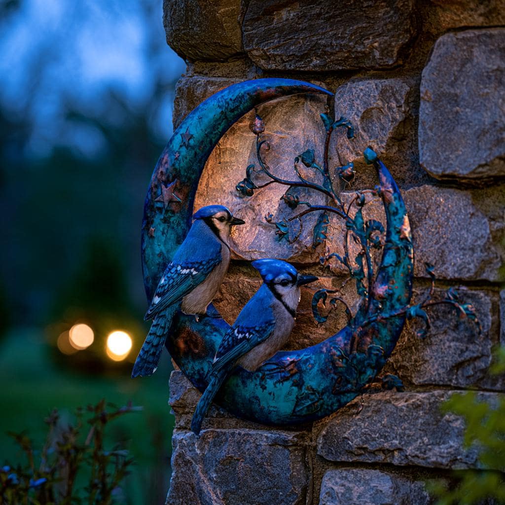 Blue Jay Moon Metal Wall Art, Turquoise Copper Garden Decor (UV Printed Aluminum)