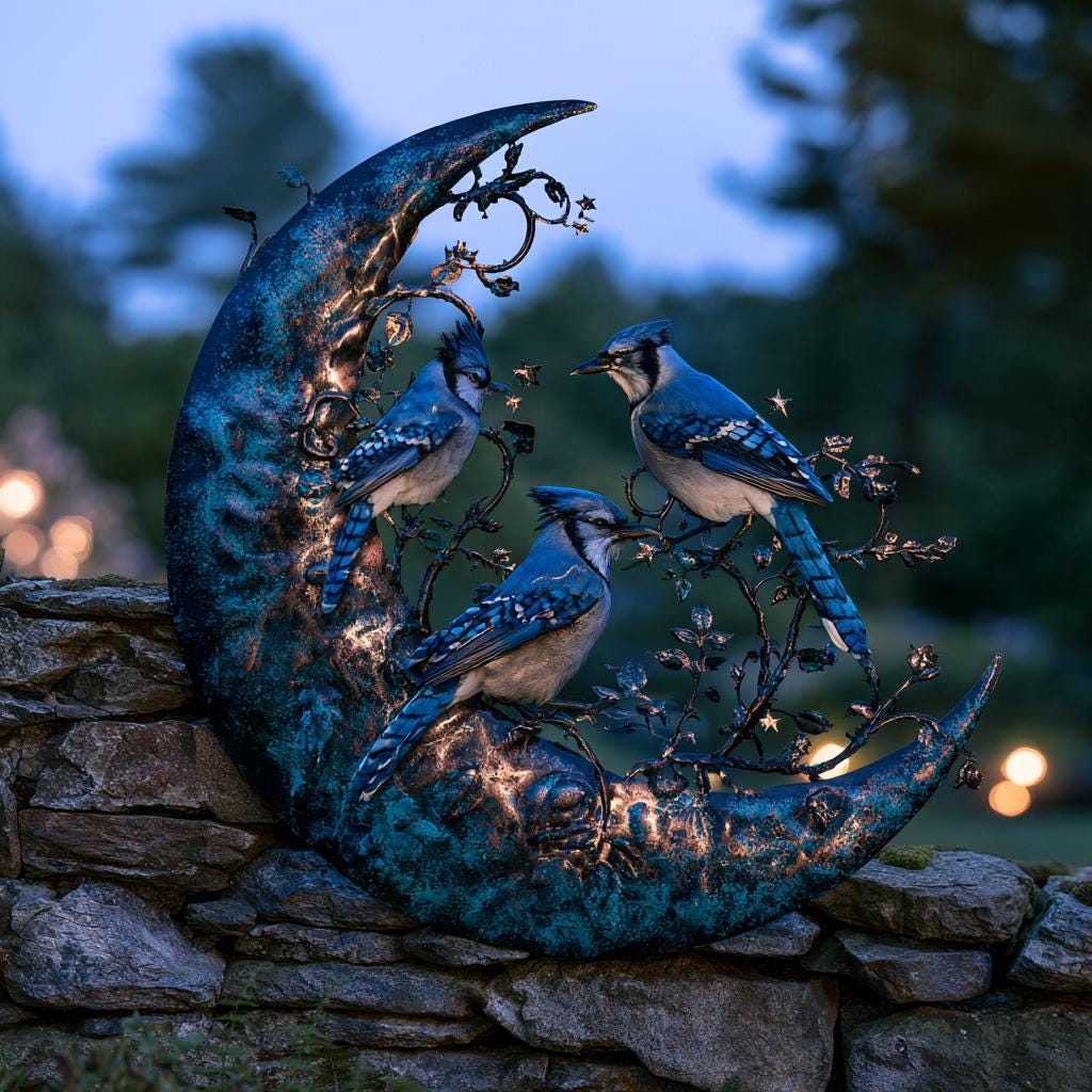 Blue Jay Moon Metal Wall Art, Turquoise Copper Garden Decor (UV Printed Aluminum)
