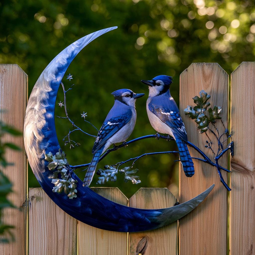 Blue Jay Moon Metal Wall Art, Turquoise Copper Garden Decor (UV Printed Aluminum)