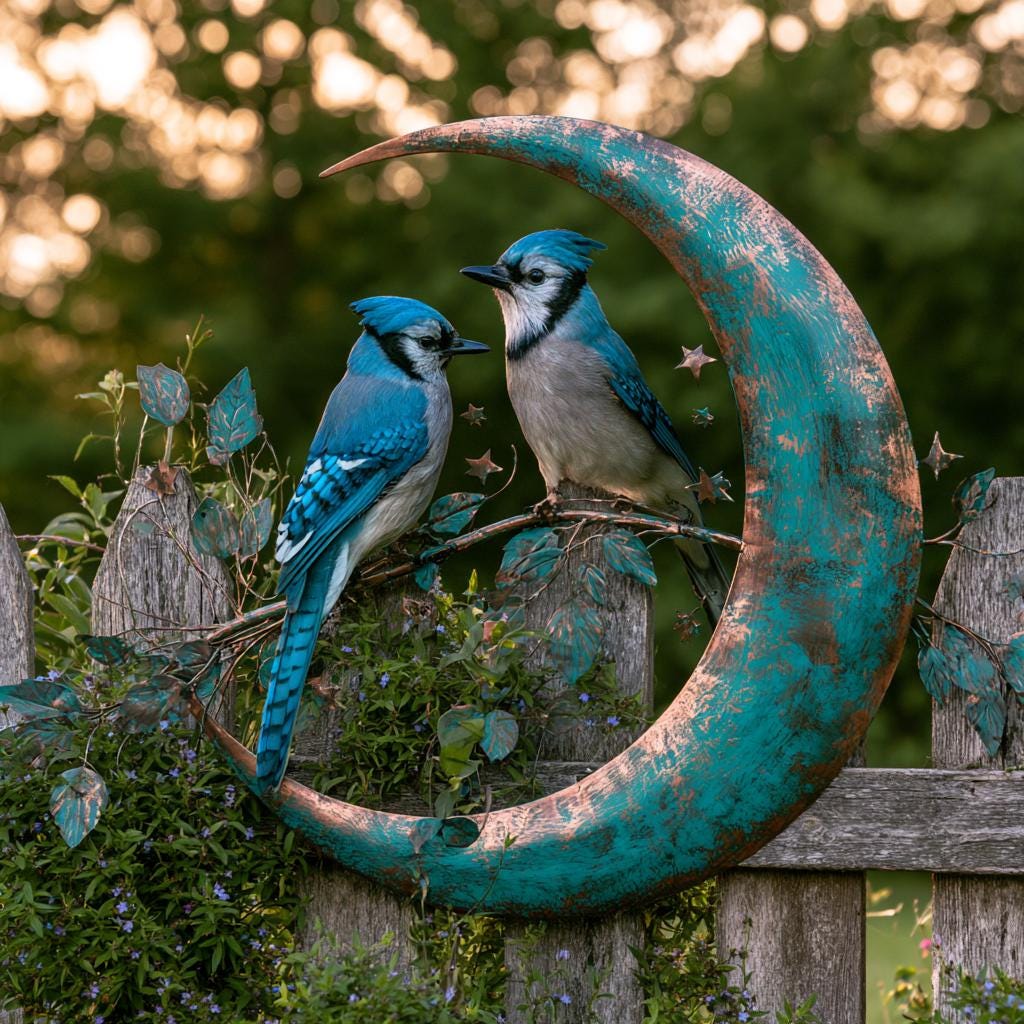 Blue Jay Moon Metal Wall Art, Turquoise Copper Garden Decor (UV Printed Aluminum)