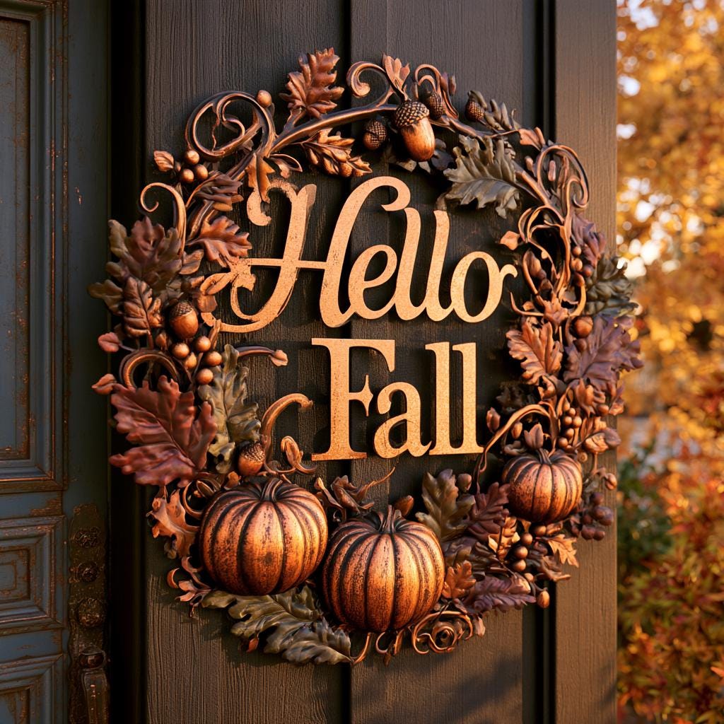 Hello Fall Pumpkin Metal Sign, Autumn Leaves, Rustic Home Decor (UV Printed Aluminum)
