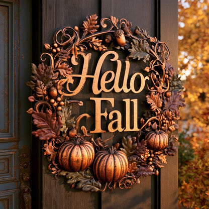 Hello Fall Pumpkin Metal Sign, Autumn Leaves, Rustic Home Decor (UV Printed Aluminum)