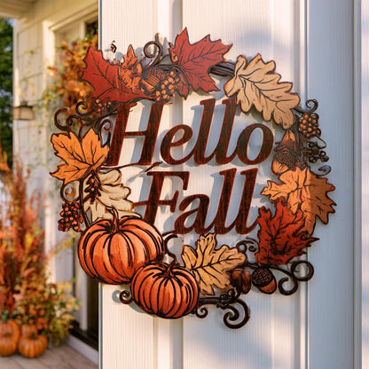 Hello Fall Pumpkin Metal Sign, Autumn Leaves, Rustic Home Decor (UV Printed Aluminum)