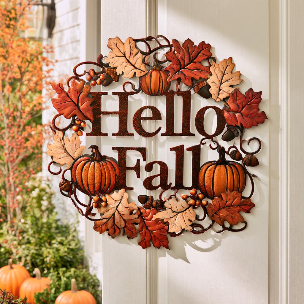 Hello Fall Pumpkin Metal Sign, Autumn Leaves, Rustic Home Decor (UV Printed Aluminum)