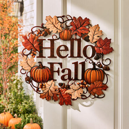 Hello Fall Pumpkin Metal Sign, Autumn Leaves, Rustic Home Decor (UV Printed Aluminum)