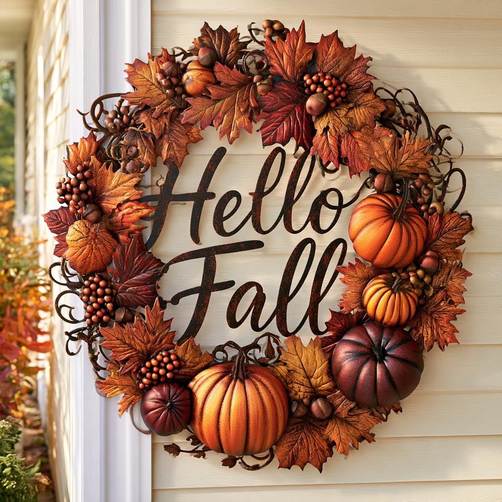 Hello Fall Pumpkin Metal Sign, Autumn Leaves, Rustic Home Decor (UV Printed Aluminum)