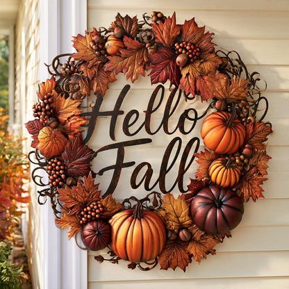 Hello Fall Pumpkin Metal Sign, Autumn Leaves, Rustic Home Decor (UV Printed Aluminum)
