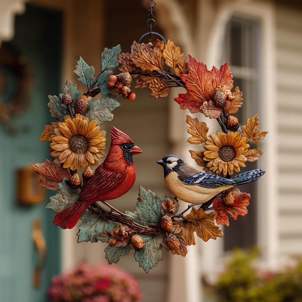 Fall Wreath Metal Sign, Autumn Cardinal, Sunflower, Farmhouse Porch Decor (UV Printed Aluminum)