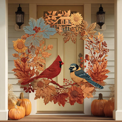 Fall Wreath Metal Sign, Autumn Cardinal, Sunflower, Farmhouse Porch Decor (UV Printed Aluminum)