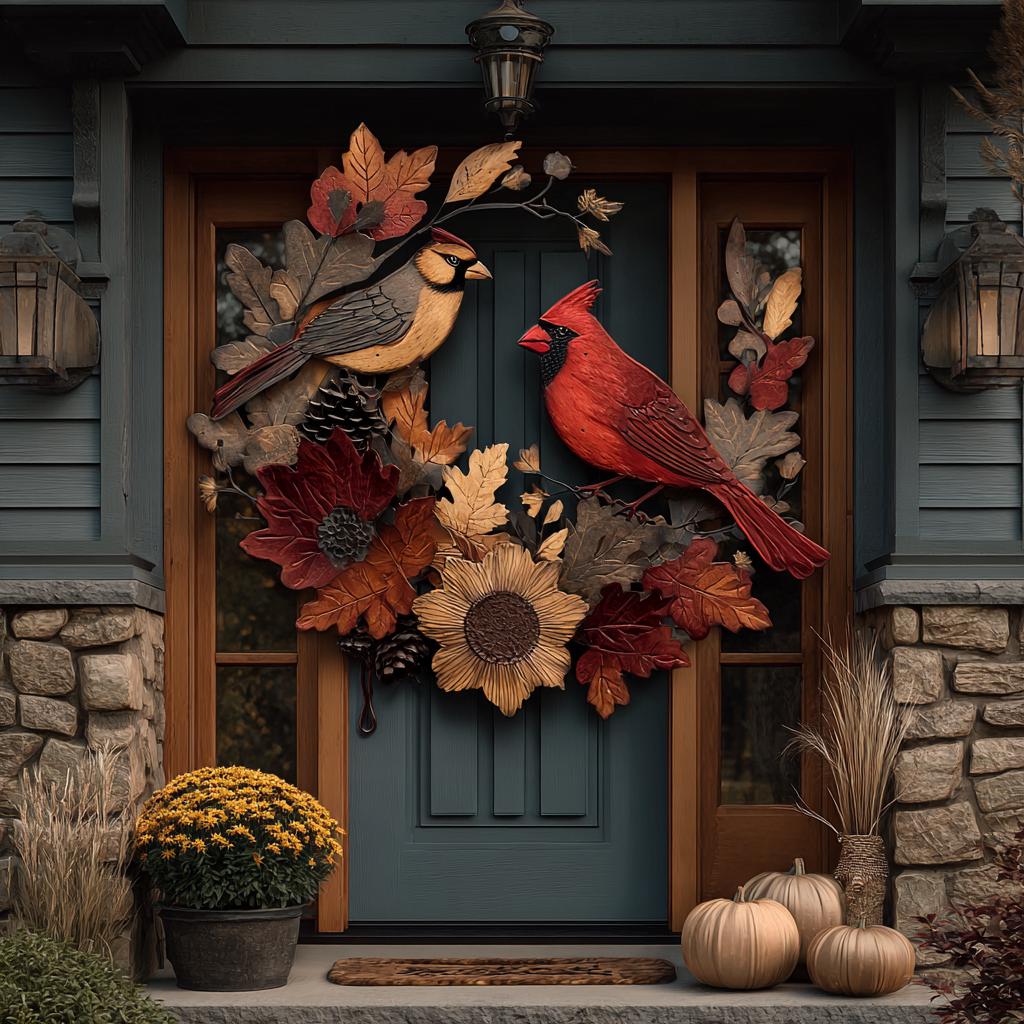 Fall Wreath Metal Sign, Autumn Cardinal, Sunflower, Farmhouse Porch Decor (UV Printed Aluminum)