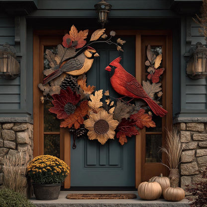 Fall Wreath Metal Sign, Autumn Cardinal, Sunflower, Farmhouse Porch Decor (UV Printed Aluminum)