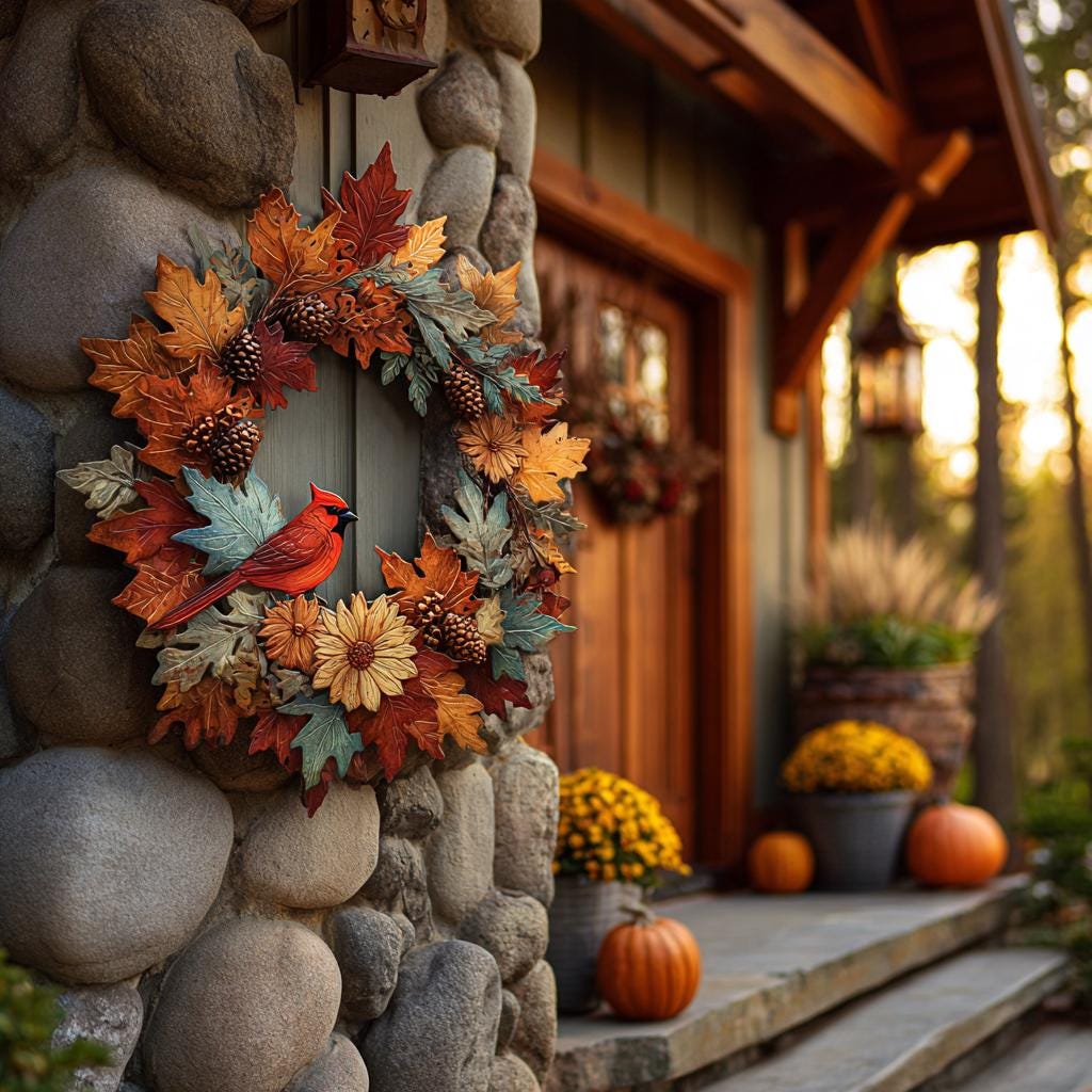 Fall Wreath Metal Sign, Autumn Cardinal, Sunflower, Farmhouse Porch Decor (UV Printed Aluminum)