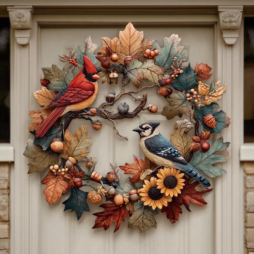 Fall Wreath Metal Sign, Autumn Cardinal, Sunflower, Farmhouse Porch Decor (UV Printed Aluminum)