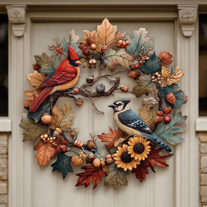 Fall Wreath Metal Sign, Autumn Cardinal, Sunflower, Farmhouse Porch Decor (UV Printed Aluminum)