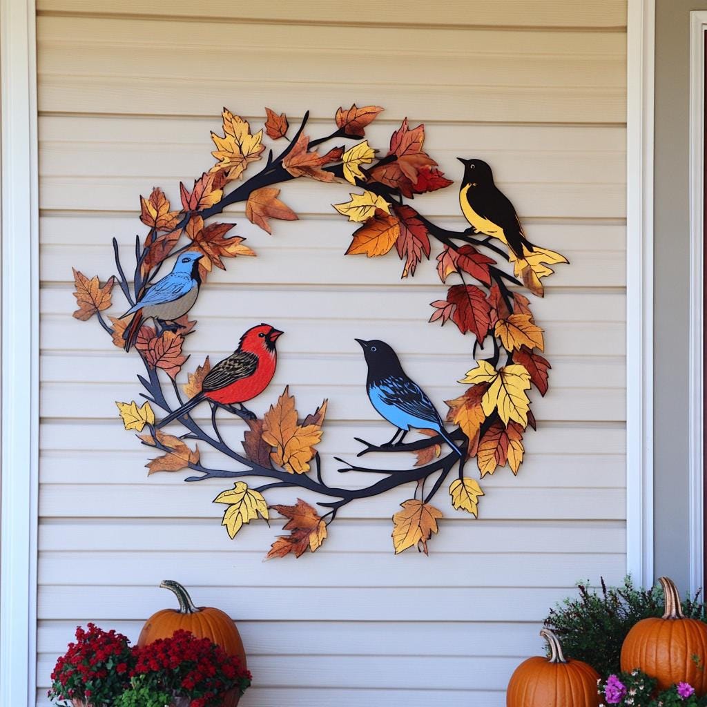 Autumn Bird Wreath Metal Wall Art, Fall Porch Decor, UV Printed Aluminum Sign