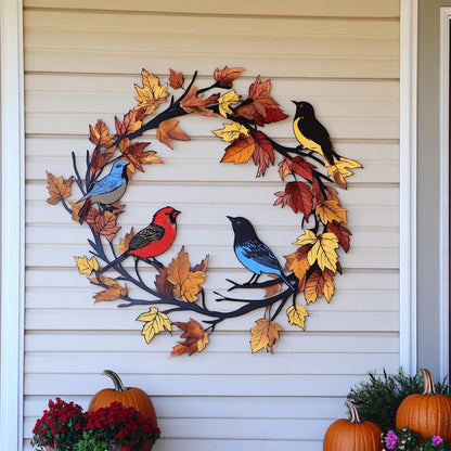 Autumn Bird Wreath Metal Wall Art, Fall Porch Decor, UV Printed Aluminum Sign