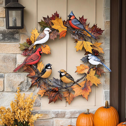 Autumn Bird Wreath Metal Wall Art, Fall Porch Decor, UV Printed Aluminum Sign