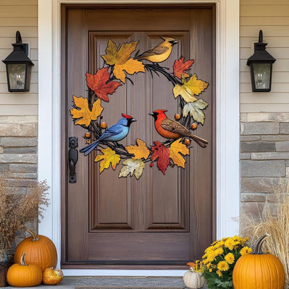Autumn Bird Wreath Metal Wall Art, Fall Porch Decor, UV Printed Aluminum Sign