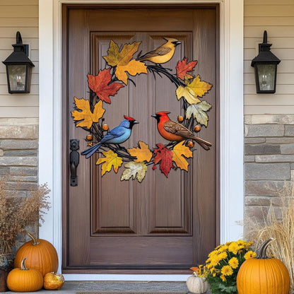 Autumn Bird Wreath Metal Wall Art, Fall Porch Decor, UV Printed Aluminum Sign