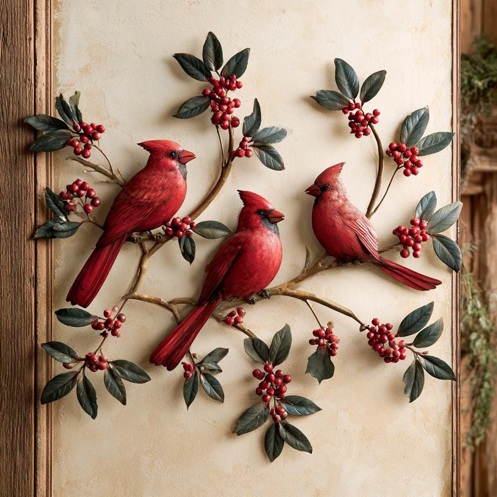 Red Cardinal Metal Wall Art, Winterberry Bird Decor, UV Printed Aluminum Sign