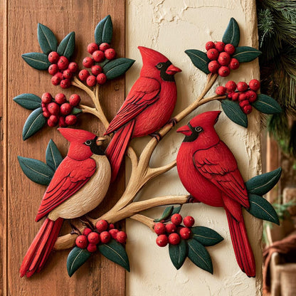 Red Cardinal Metal Wall Art, Winterberry Bird Decor, UV Printed Aluminum Sign
