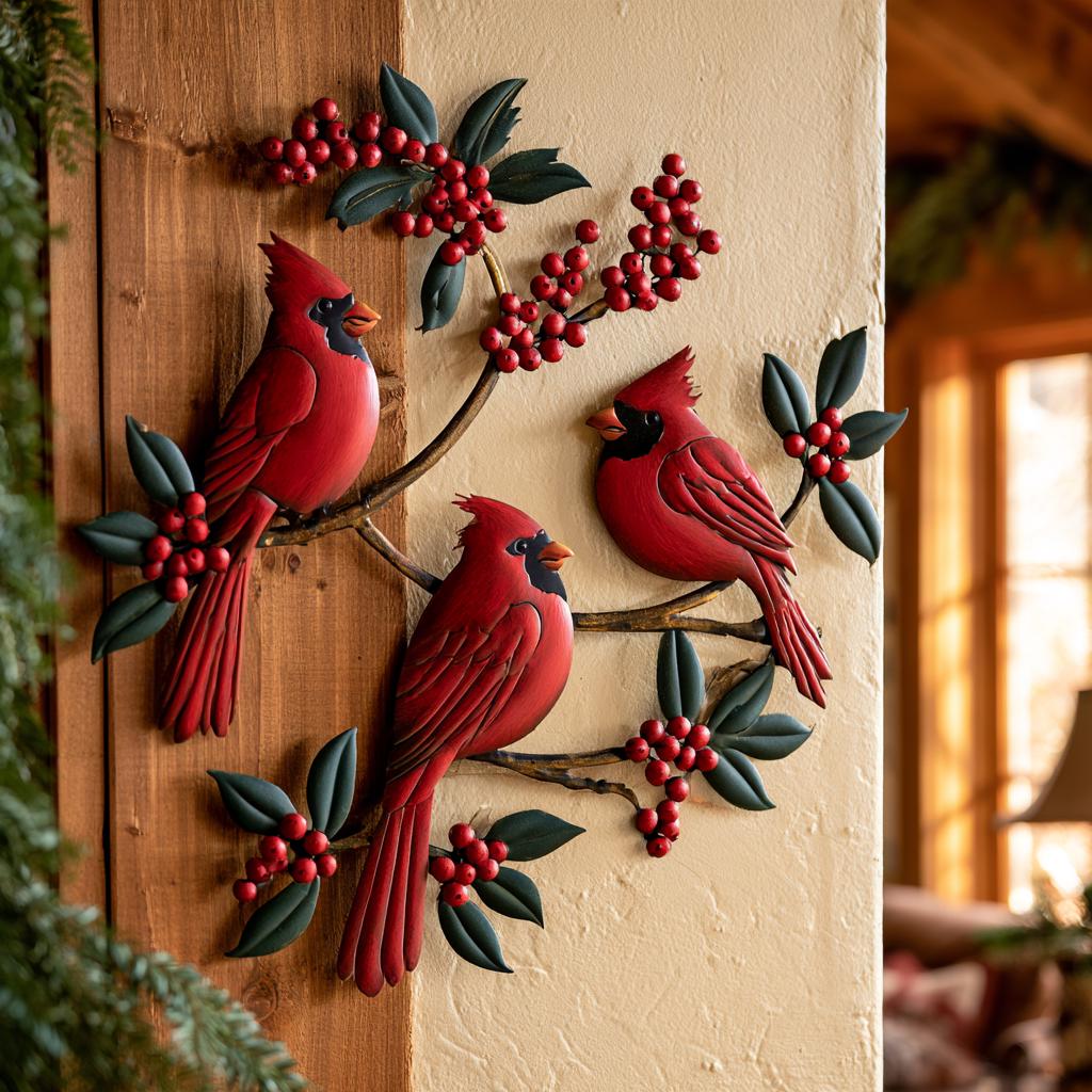 Red Cardinal Metal Wall Art, Winterberry Bird Decor, UV Printed Aluminum Sign
