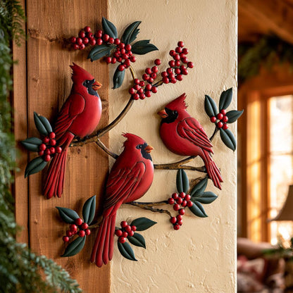Red Cardinal Metal Wall Art, Winterberry Bird Decor, UV Printed Aluminum Sign