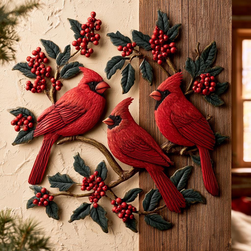 Red Cardinal Metal Wall Art, Winterberry Bird Decor, UV Printed Aluminum Sign