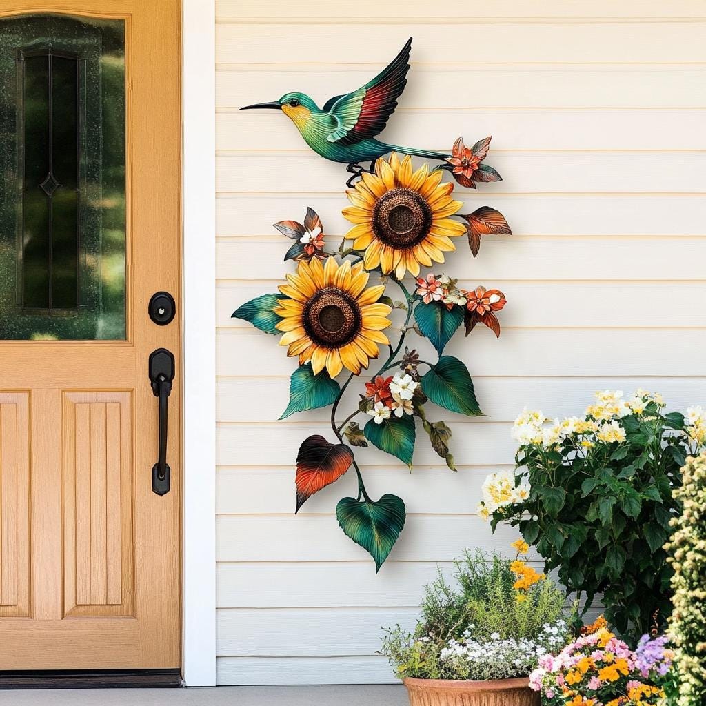 Hummingbird Sunflower Metal Wall Art, UV Printed Aluminum Garden Decor