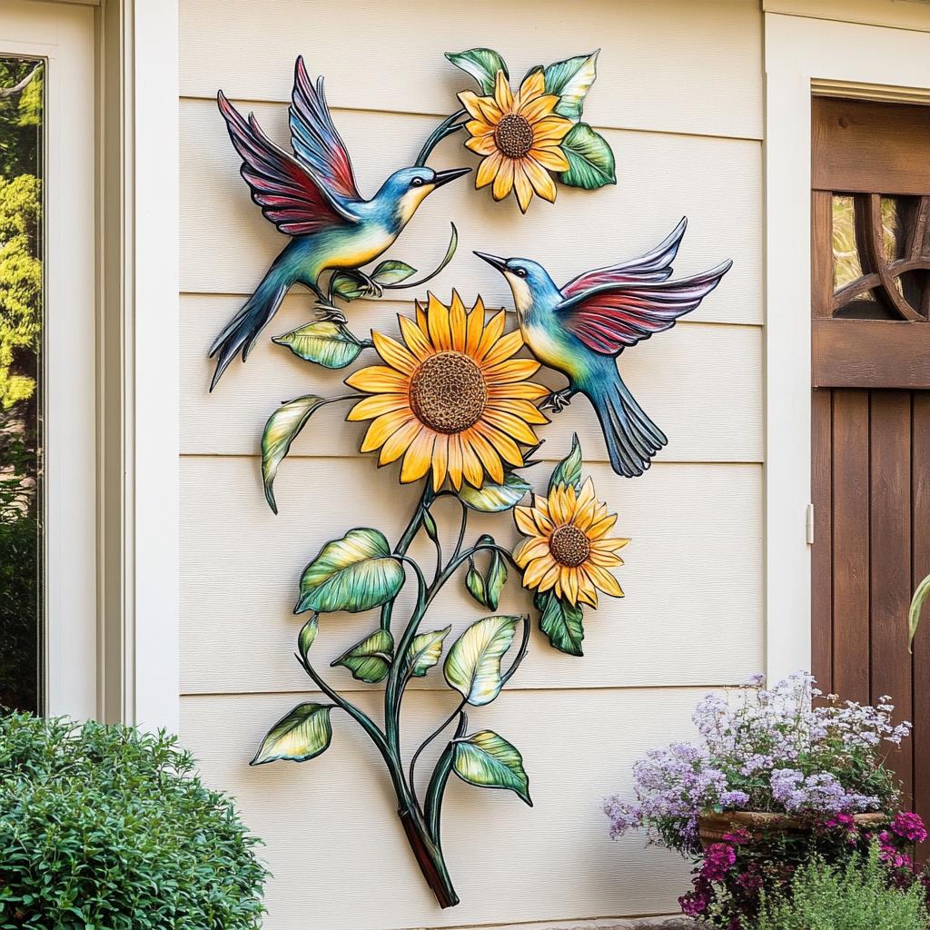 Hummingbird Sunflower Metal Wall Art, UV Printed Aluminum Garden Decor