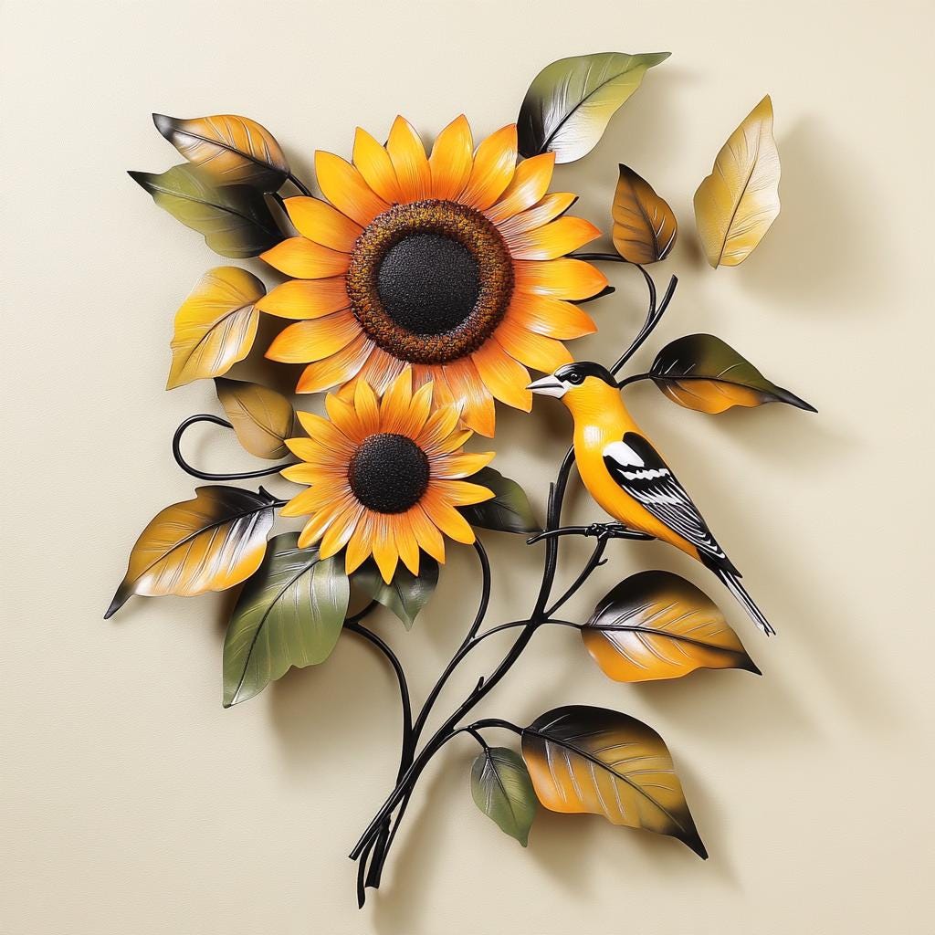 Goldfinch Sunflower Metal Wall Art, UV Printed Aluminum Garden Decor