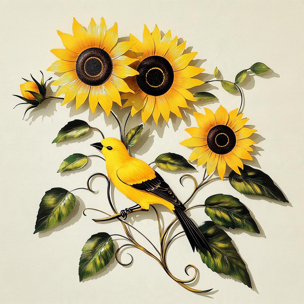 Goldfinch Sunflower Metal Wall Art, UV Printed Aluminum Garden Decor