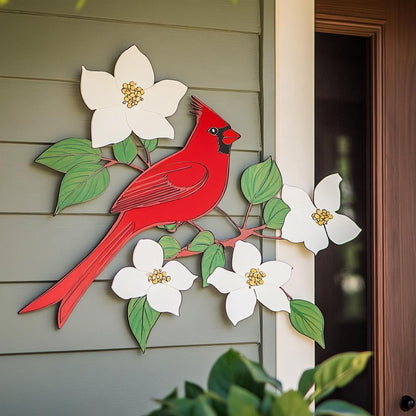 Cardinal Dogwood Metal Wall Art, Red Bird Garden Decor, White Flower Sign (UV Aluminum)