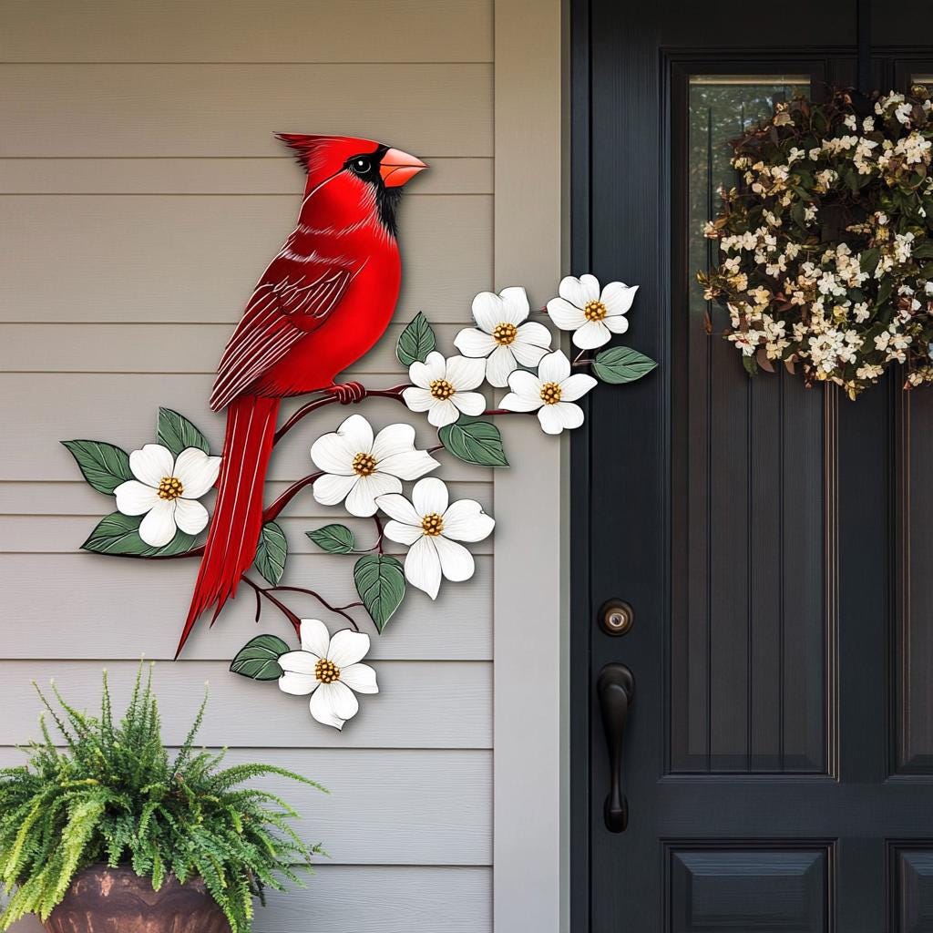 Cardinal Dogwood Metal Wall Art, Red Bird Garden Decor, White Flower Sign (UV Aluminum)