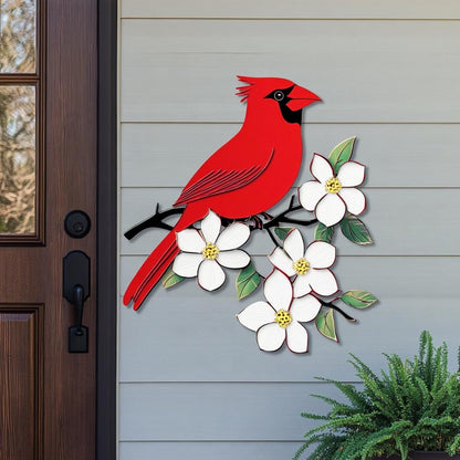 Cardinal Dogwood Metal Wall Art, Red Bird Garden Decor, White Flower Sign (UV Aluminum)