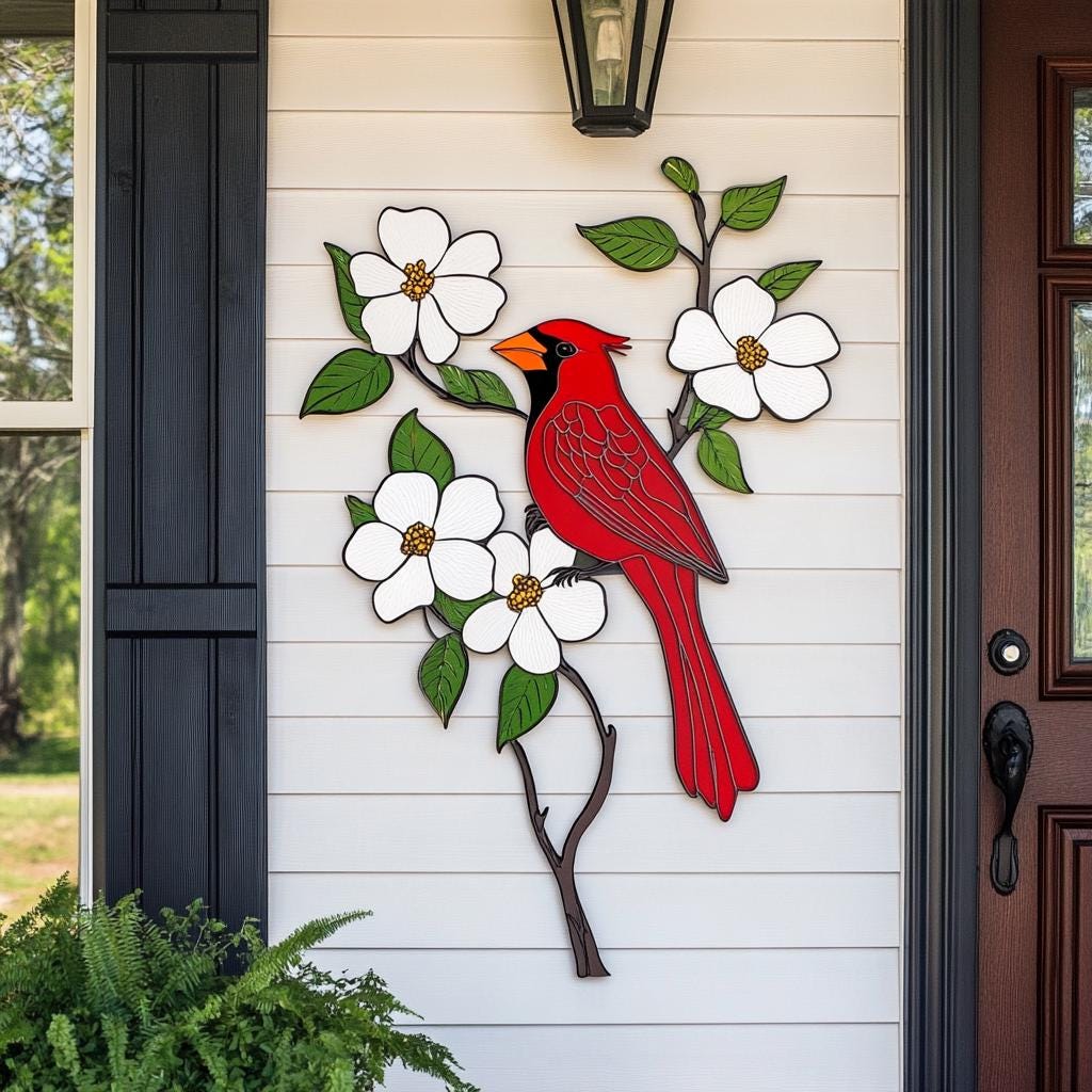 Cardinal Dogwood Metal Wall Art, Red Bird Garden Decor, White Flower Sign (UV Aluminum)