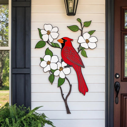 Cardinal Dogwood Metal Wall Art, Red Bird Garden Decor, White Flower Sign (UV Aluminum)