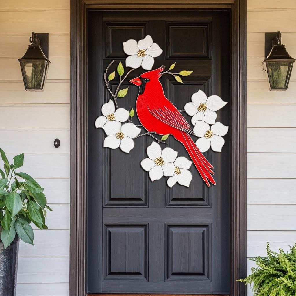Cardinal Dogwood Metal Wall Art, Red Bird Garden Decor, White Flower Sign (UV Aluminum)