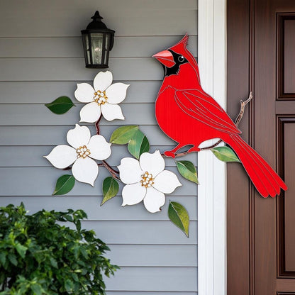 Cardinal Dogwood Metal Wall Art, Red Bird Garden Decor, White Flower Sign (UV Aluminum)