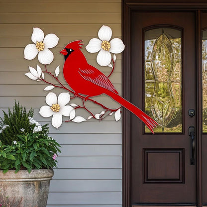 Cardinal Dogwood Metal Wall Art, Red Bird Garden Decor, White Flower Sign (UV Aluminum)