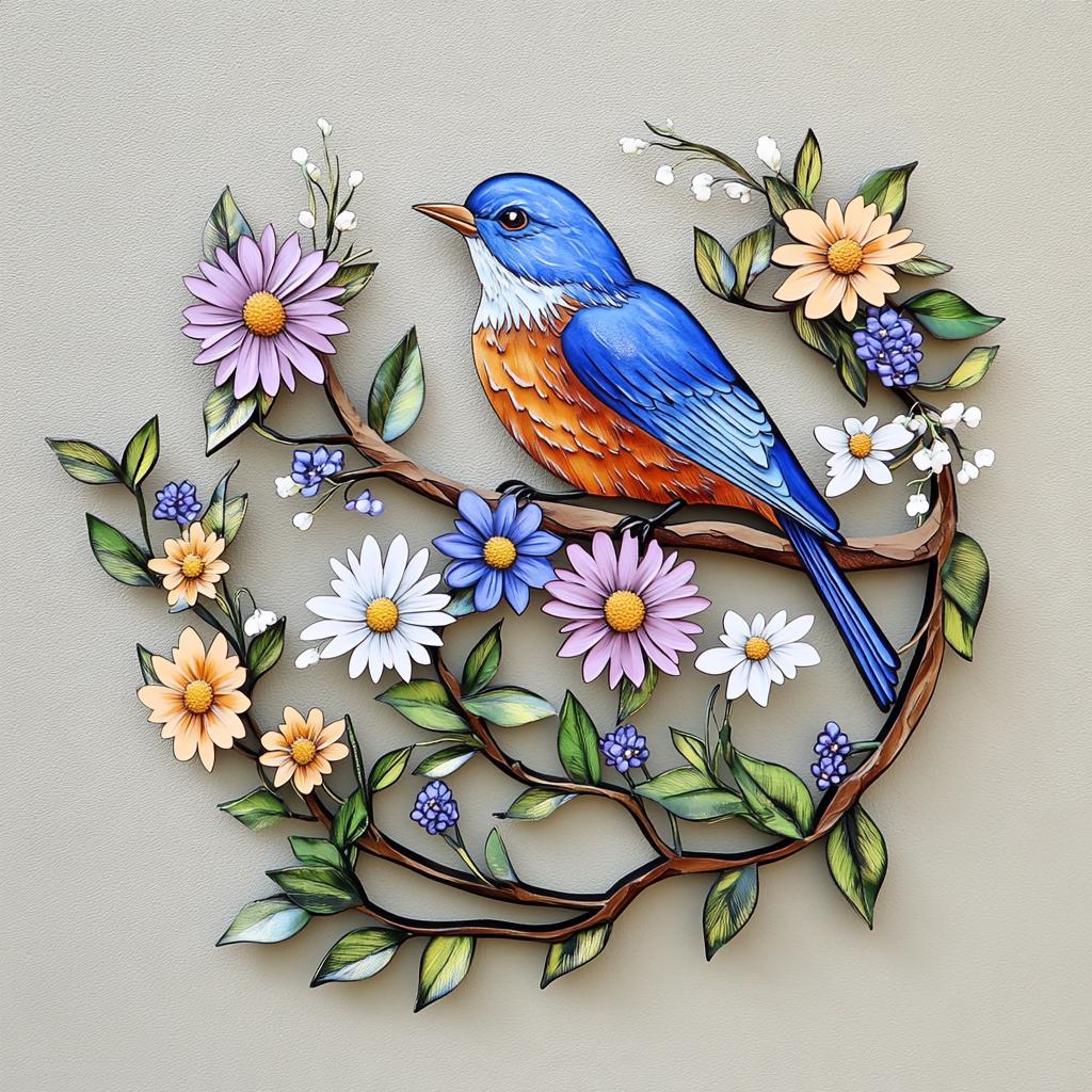 Bluebird Wildflower Metal Wall Art, UV Printed Aluminum Garden Decor