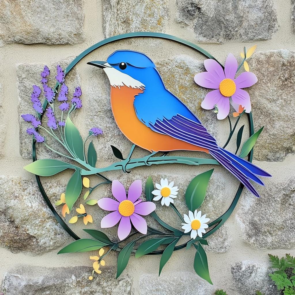Bluebird Wildflower Metal Wall Art, UV Printed Aluminum Garden Decor