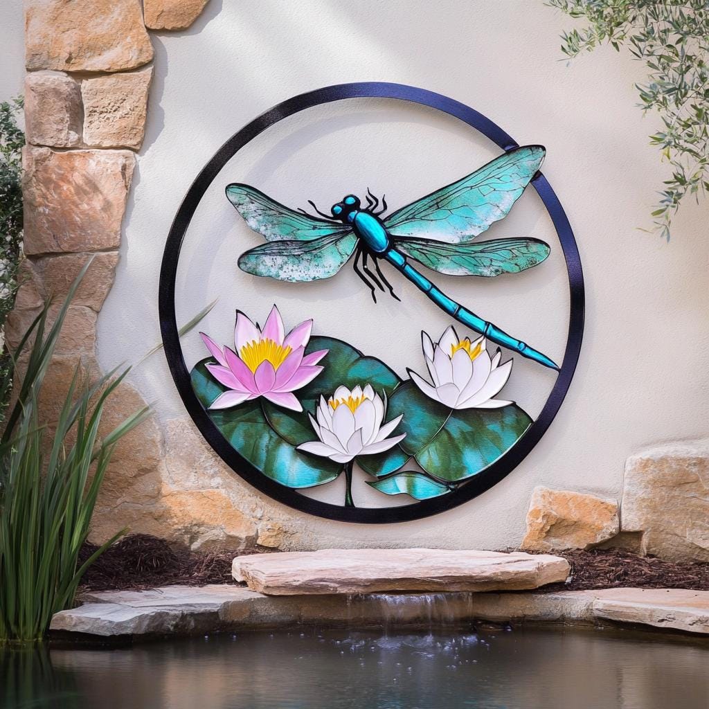 UV Printed Aluminum Dragonfly Water Lily Wall Art, Garden Pond Decor