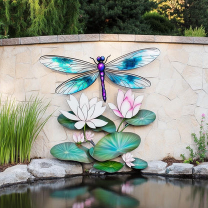 UV Printed Aluminum Dragonfly Water Lily Wall Art, Garden Pond Decor