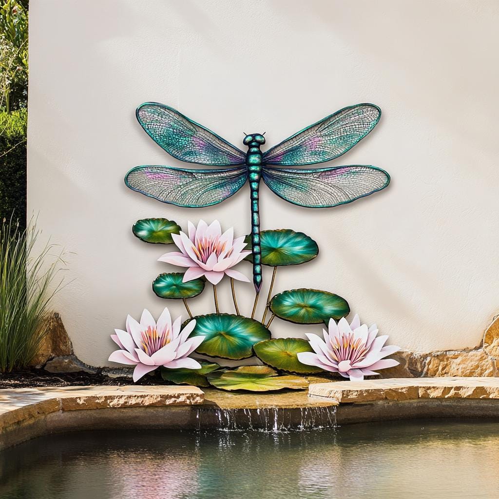 UV Printed Aluminum Dragonfly Water Lily Wall Art, Garden Pond Decor