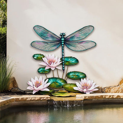 UV Printed Aluminum Dragonfly Water Lily Wall Art, Garden Pond Decor